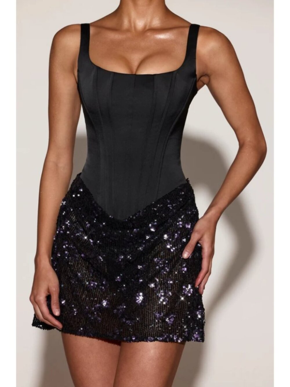 Oh Polly Eira  Satin Corset Embellished Skirt Mini Dress Black Purple Glam Sz 4